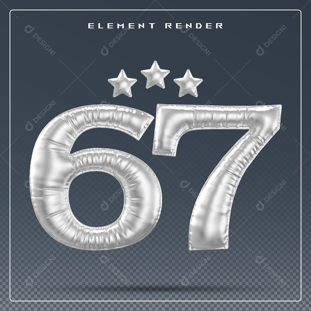 Elemento 3D Número 67 Cinza para Composição PSD