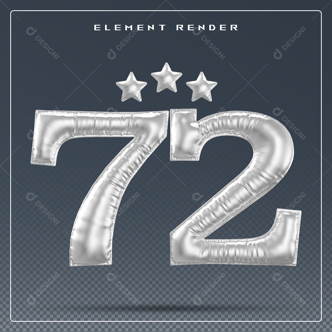 Elemento 3D Número 72 Cinza para Composição PSD