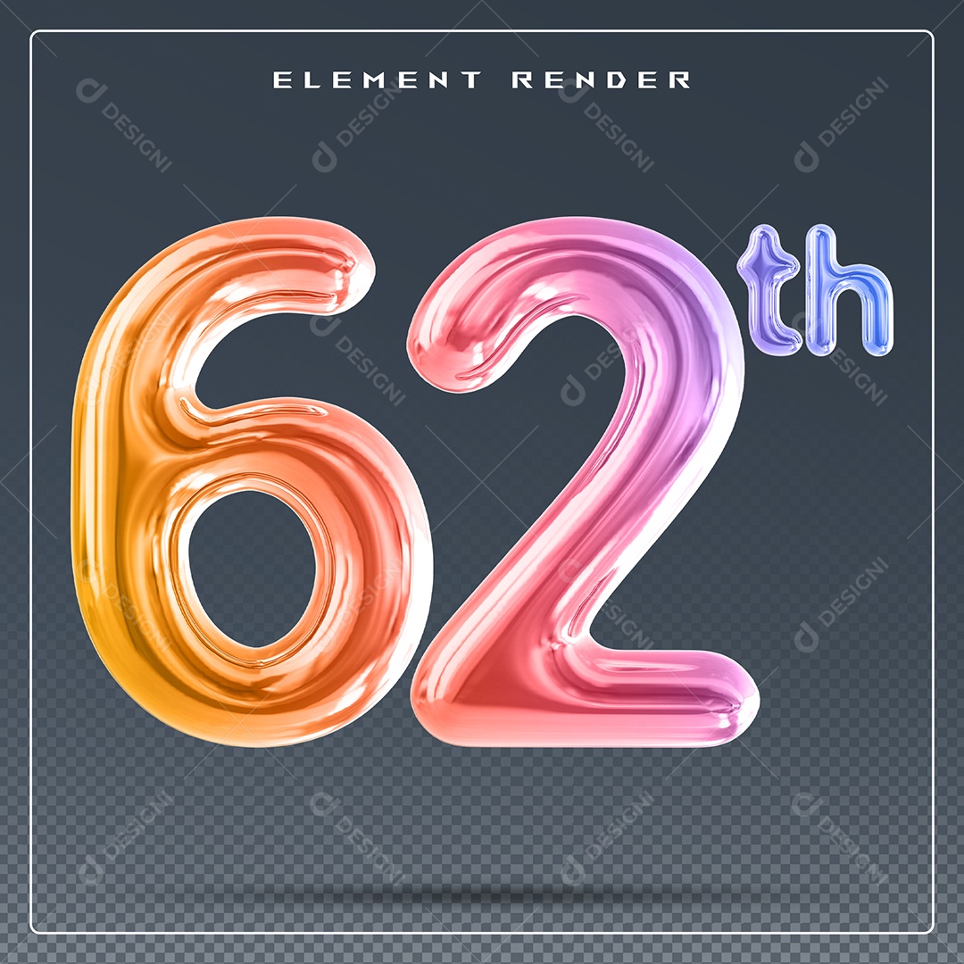 Elemento 3D Número 62 Th Colorido para Composição PSD
