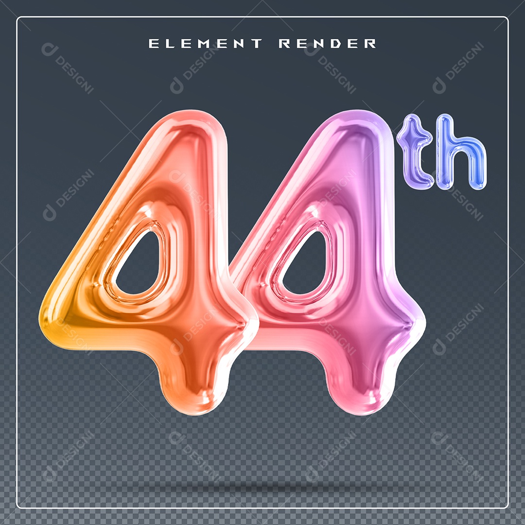 Elemento 3D Número 44 Th Colorido para Composição PSD