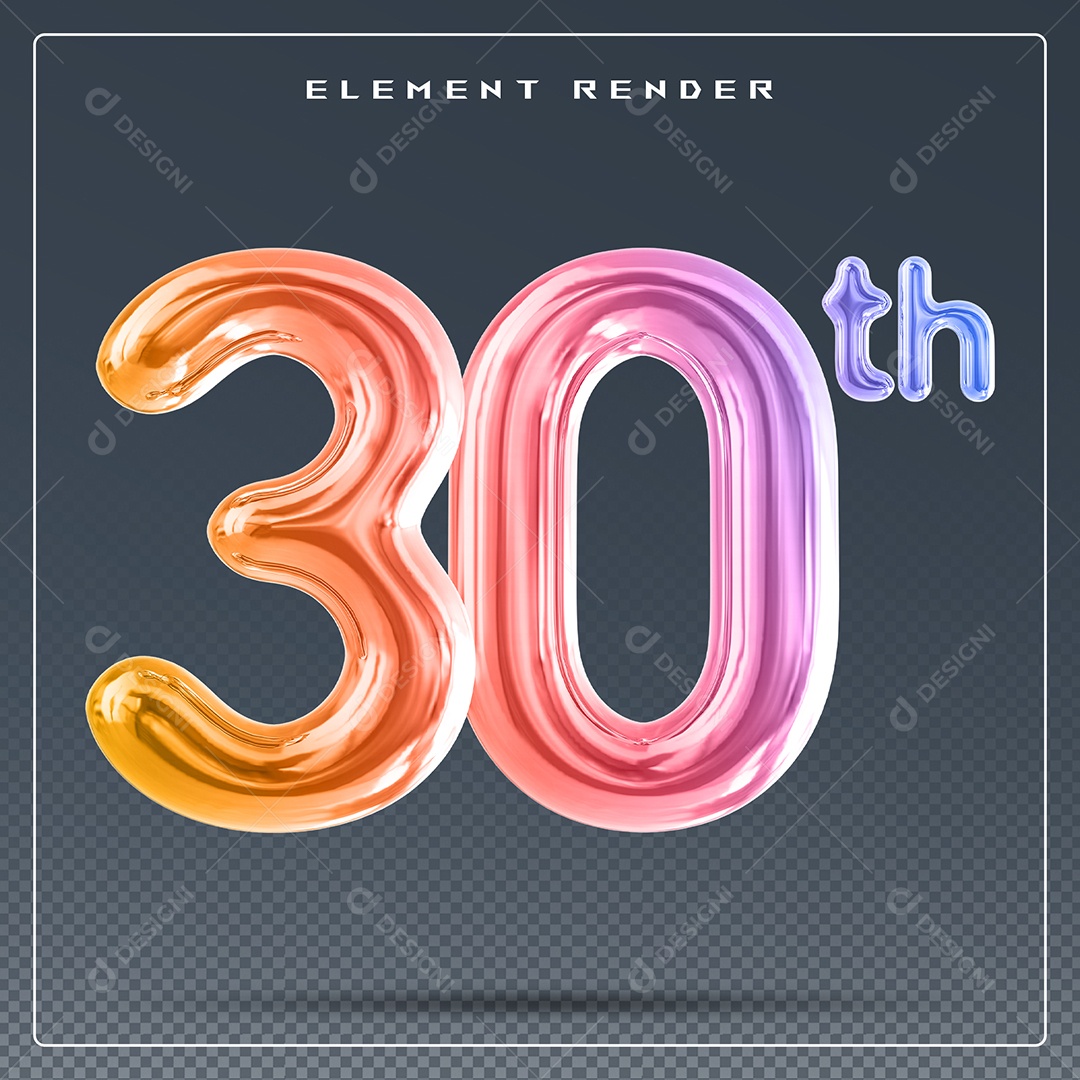 Elemento 3D Número 30 Th Colorido para Composição PSD