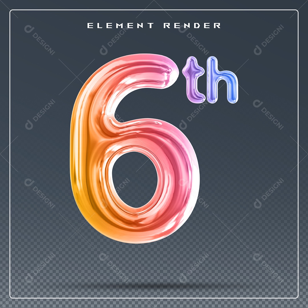 Elemento 3D Número 6 Th Colorido para Composição PSD