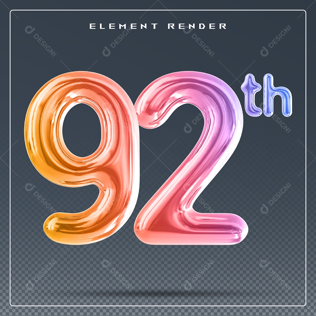 Elemento 3D Número 92 Th Colorido para Composição PSD