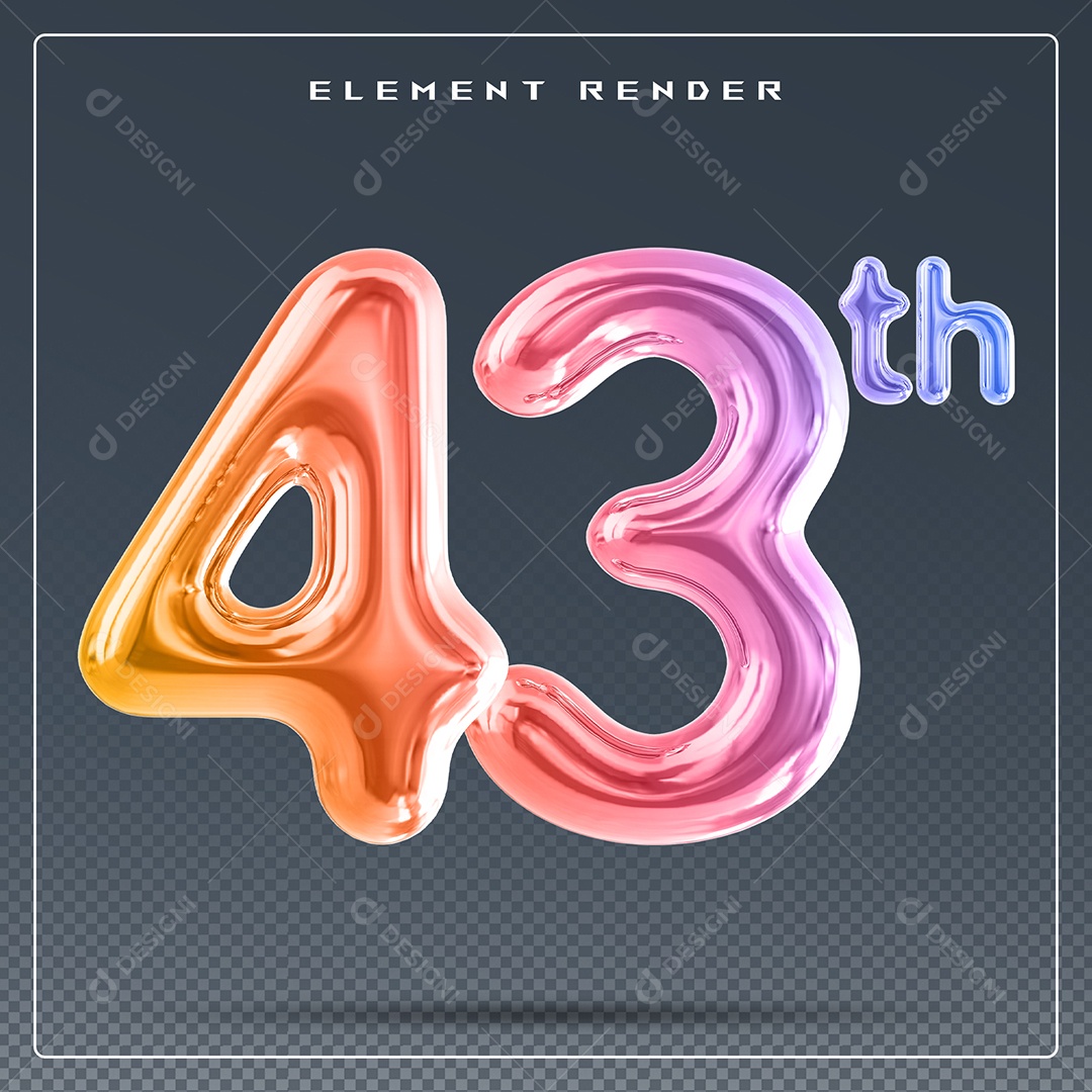 Elemento 3D Número 43 Th Colorido para Composição PSD
