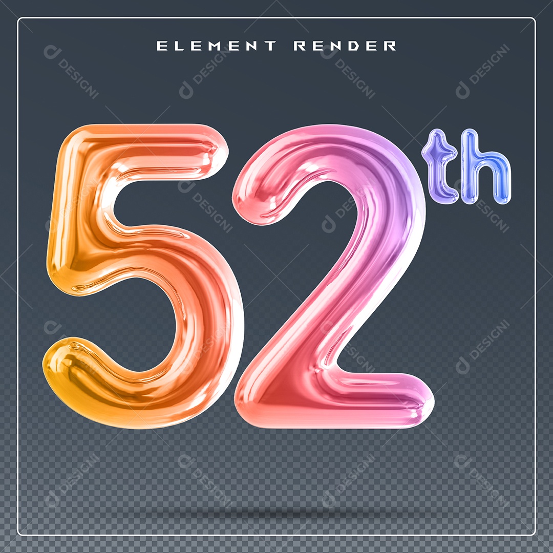 Elemento 3D Número 52 Th Colorido para Composição PSD