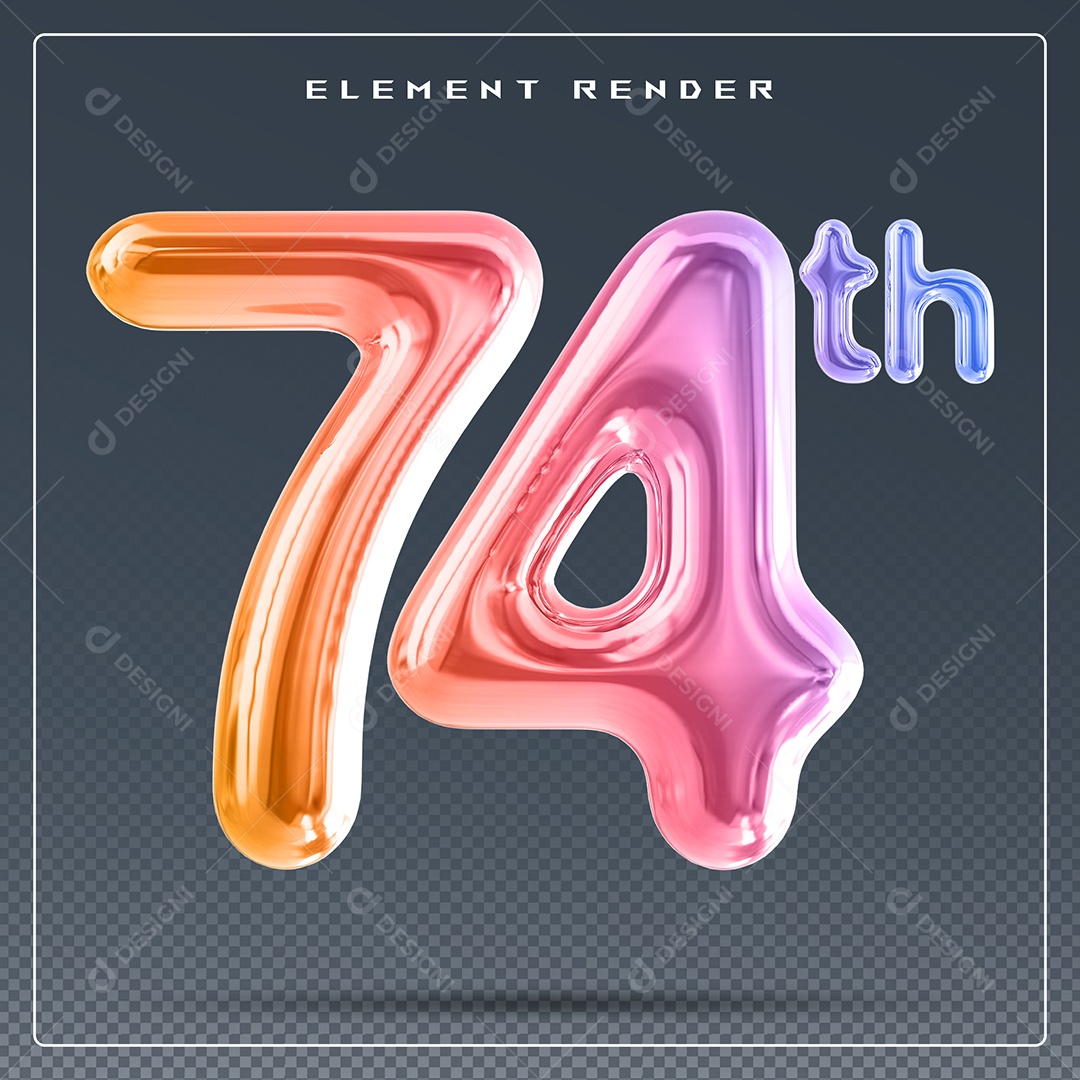 Elemento 3D Número 74 Th Colorido para Composição PSD