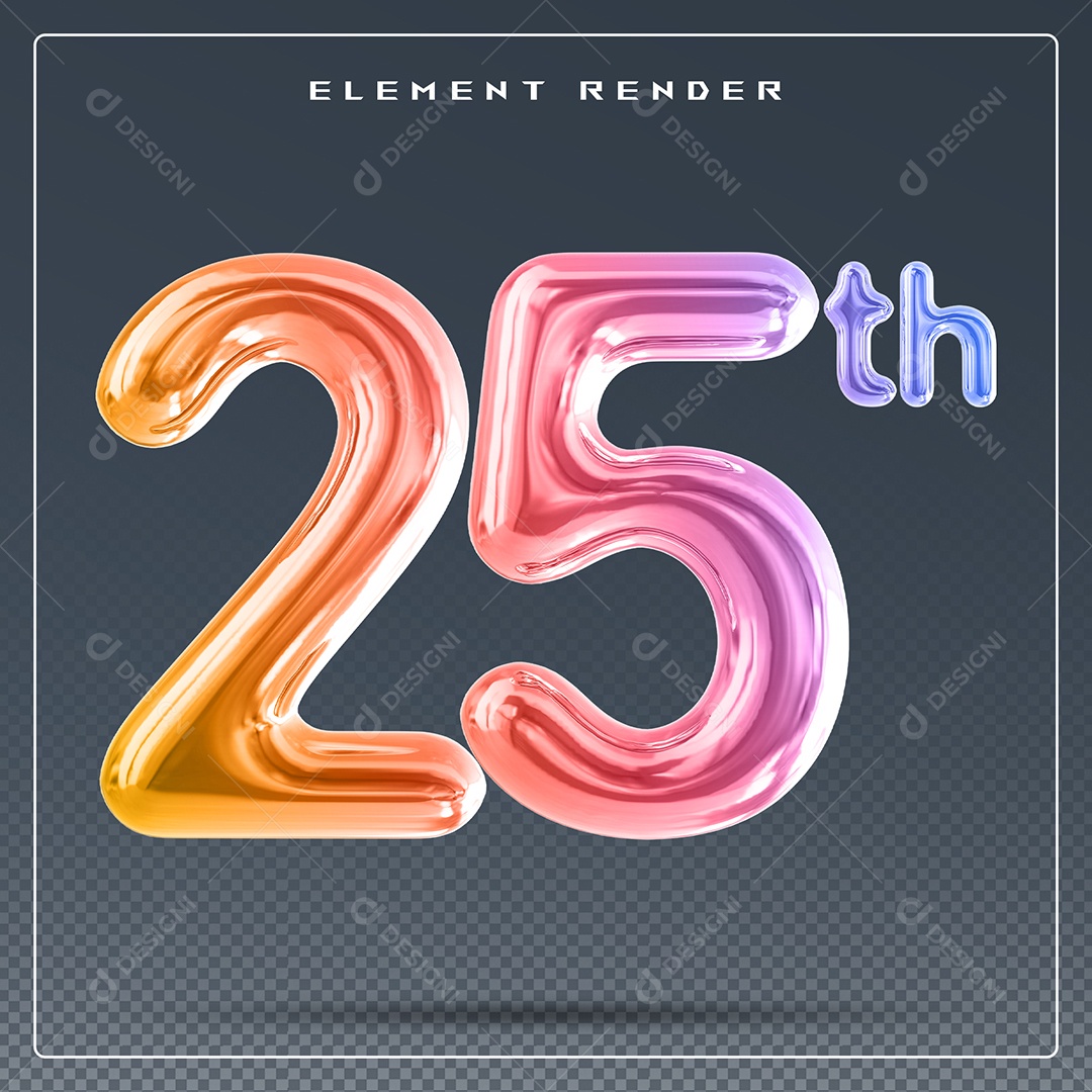 Elemento 3D Número 25 Th Colorido para Composição PSD