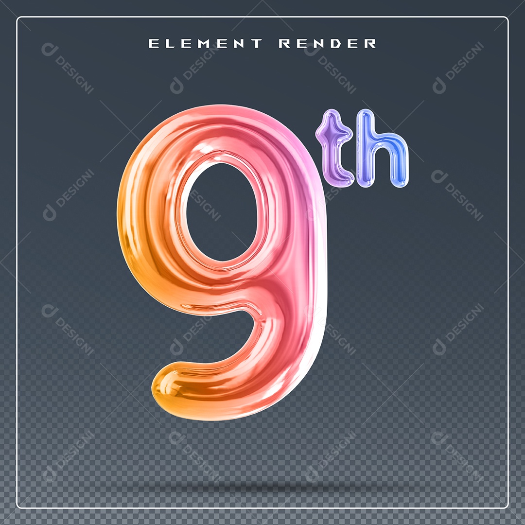 Elemento 3D Número 9 Th Colorido para Composição PSD