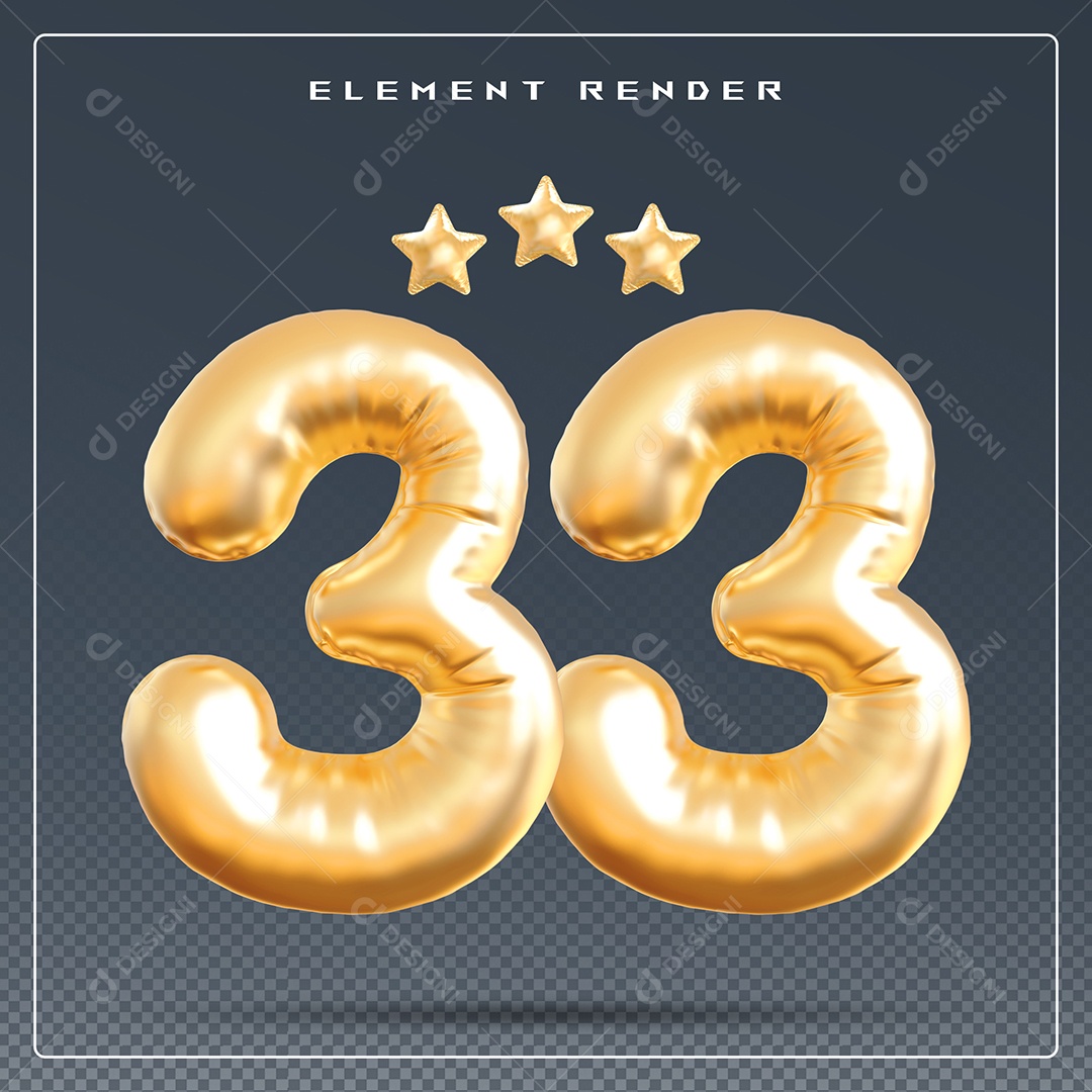 Elemento 3D Número 33 Dourado para Composição PSD