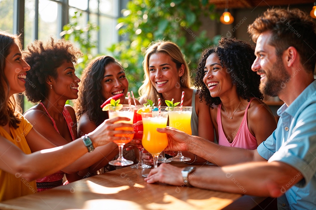 Pessoas jovens bebendo drinks felizes e sorridentes