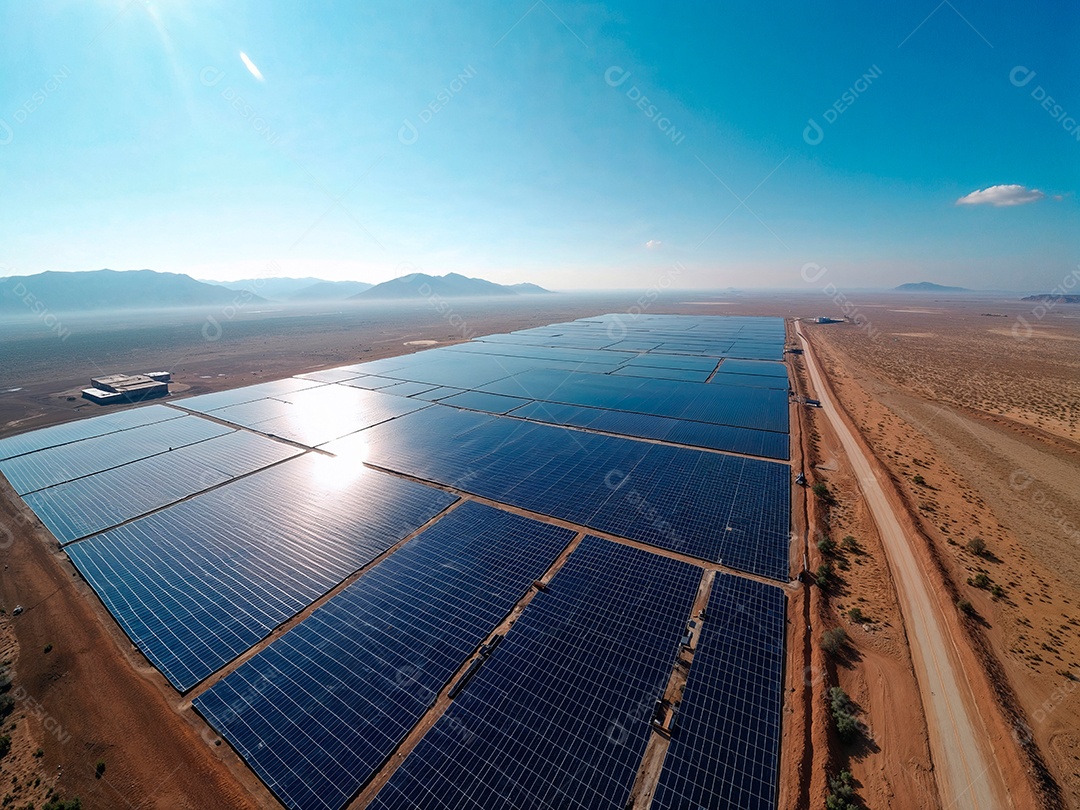 Retrato mostra uma usina solar fotovoltaica, uma instalação que converte a luz solar em energia elétrica