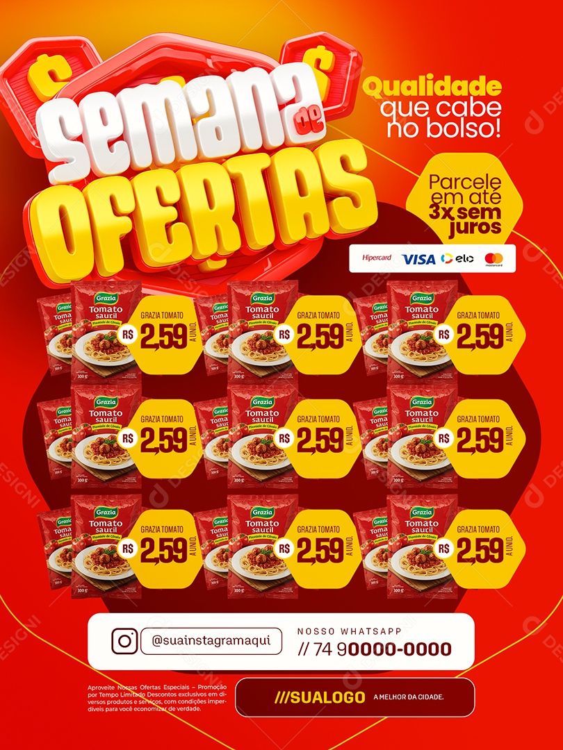 Supermercado Semana de Ofertas Encarte Parcele em Até 3x Sem Juros Social Media PSD Editável