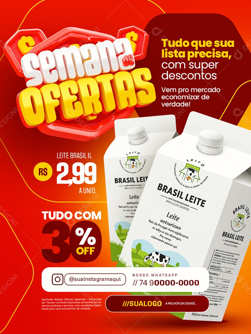 Supermercado Semana de Ofertas Caixa de Leite Social Media PSD Editável