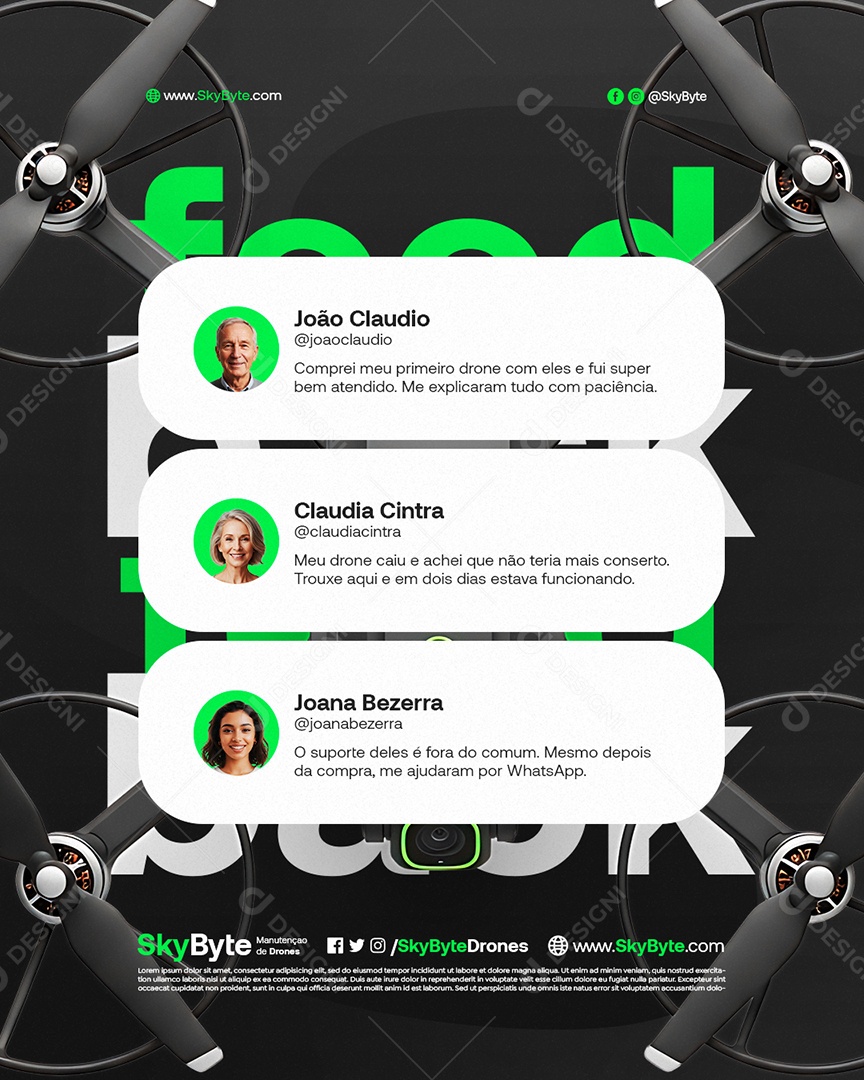 Manutenção e Venda de Drones Feedback Cliente Social Media PSD Editável