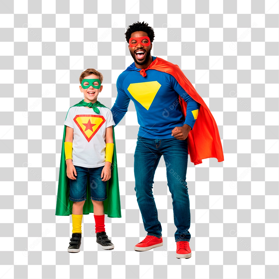 Pai e Filho com Fantasia de Super Herói PNG Transparente