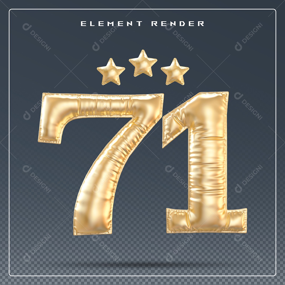 Elemento 3D Número 71 Dourado para Composição PSD
