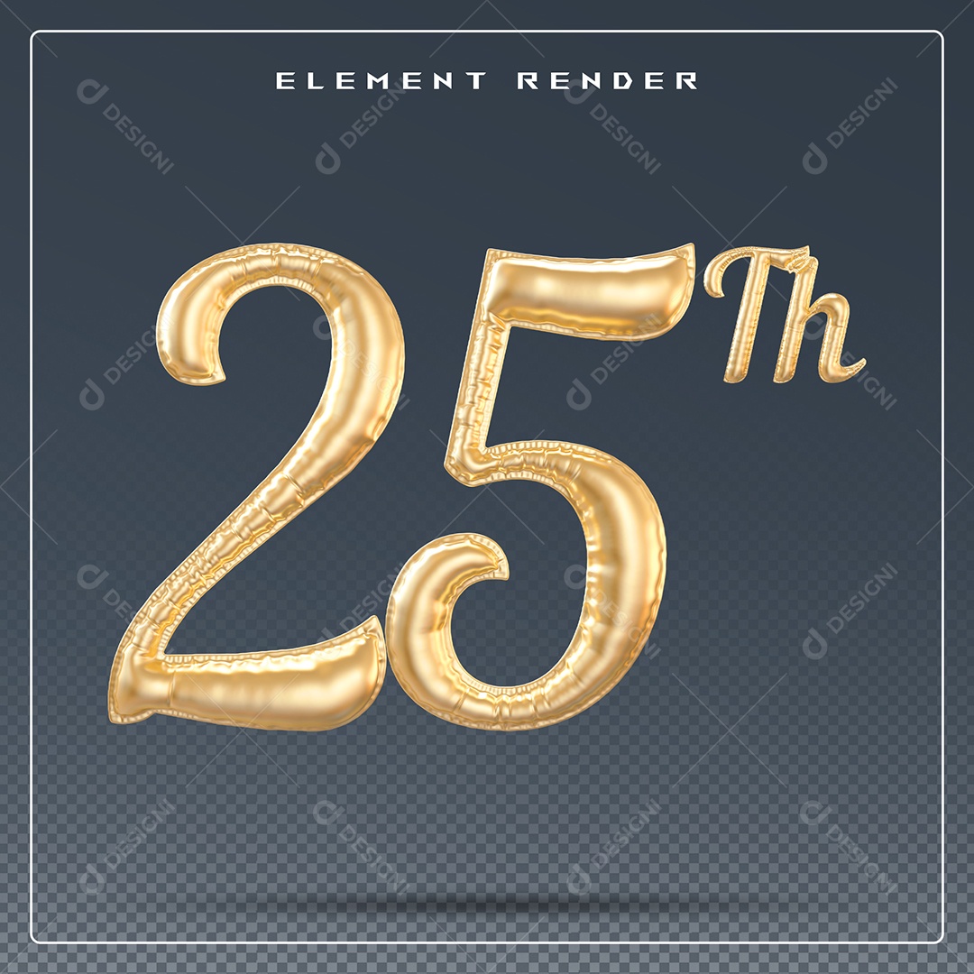 Elemento 3D Número 25 Th Dourado para Composição PSD