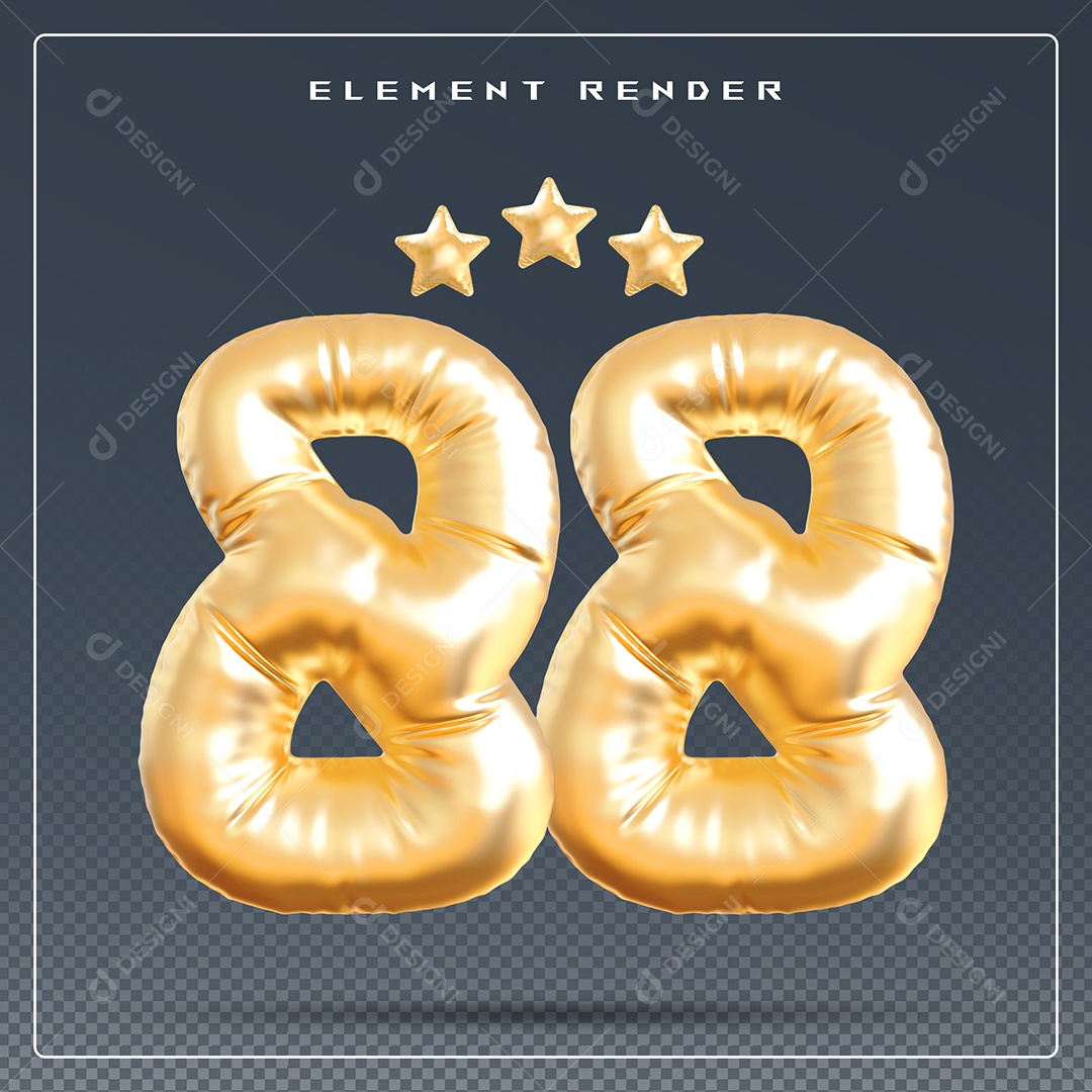Elemento 3D Número 88 Dourado para Composição PSD