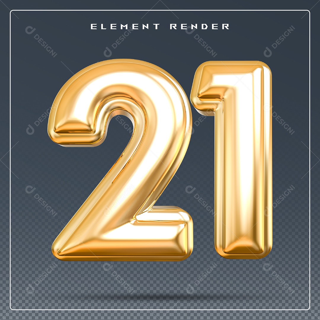 Elemento 3D Número 21 Dourado para Composição PSD