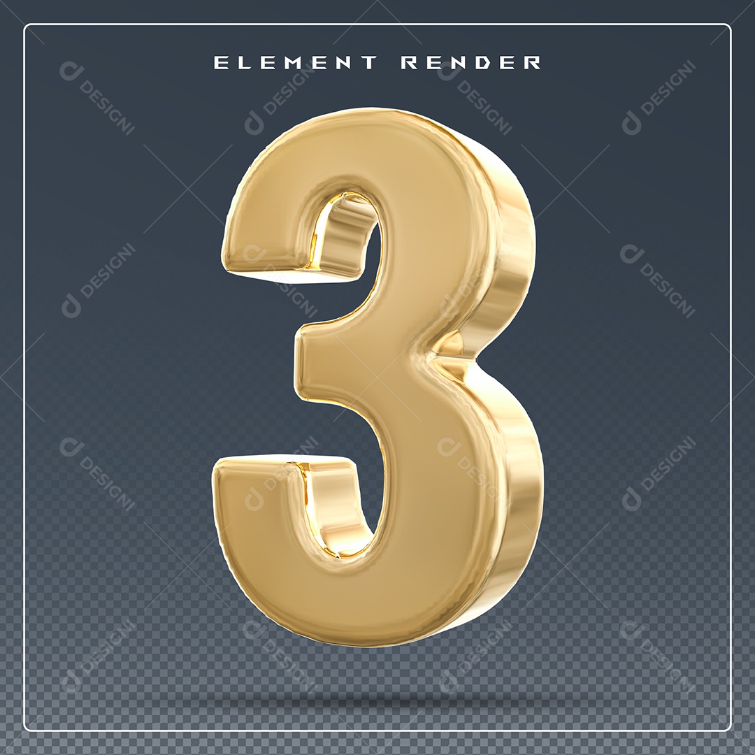 Elemento 3D Número 3 Dourado para Composição PSD