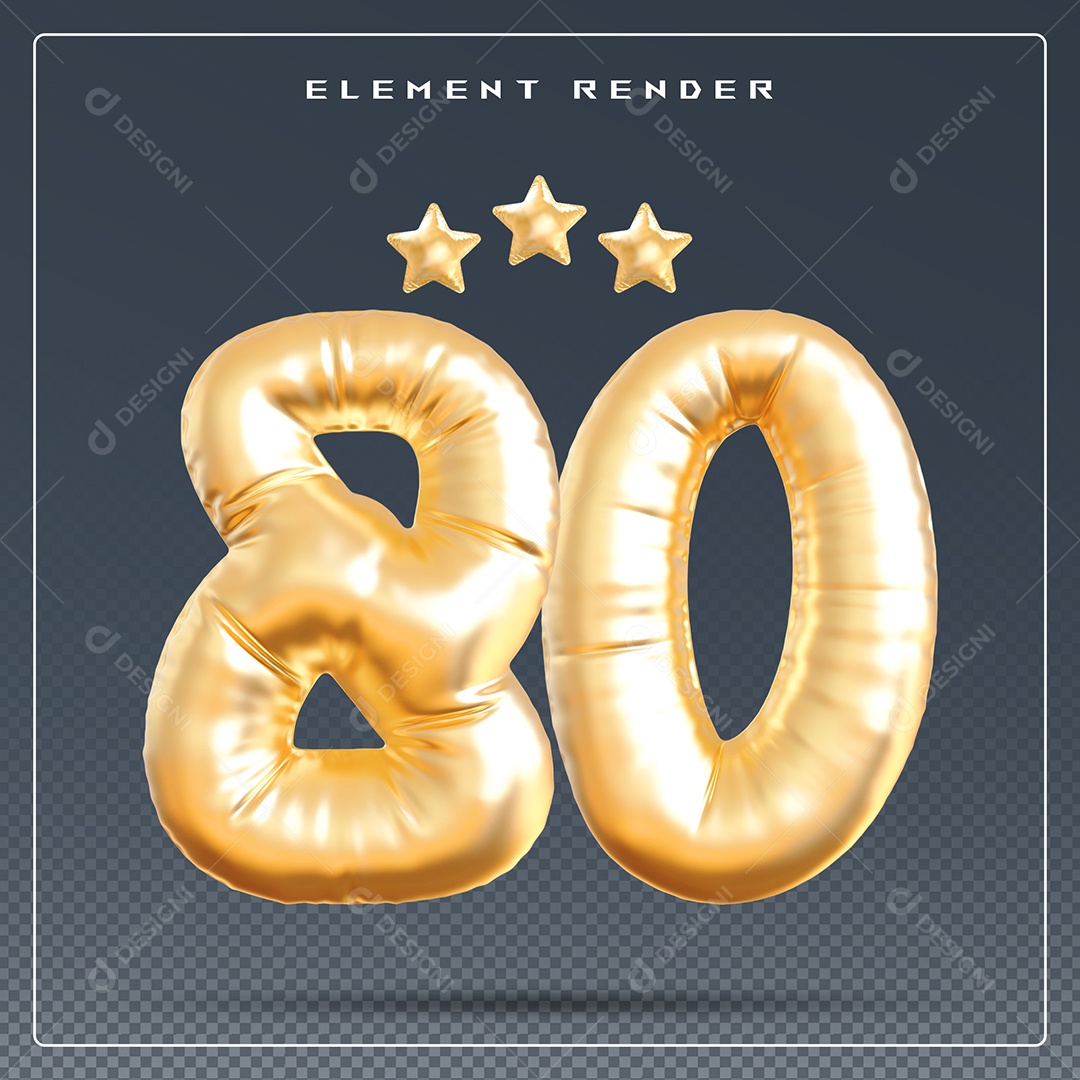 Elemento 3D Número 80 Dourado para Composição PSD