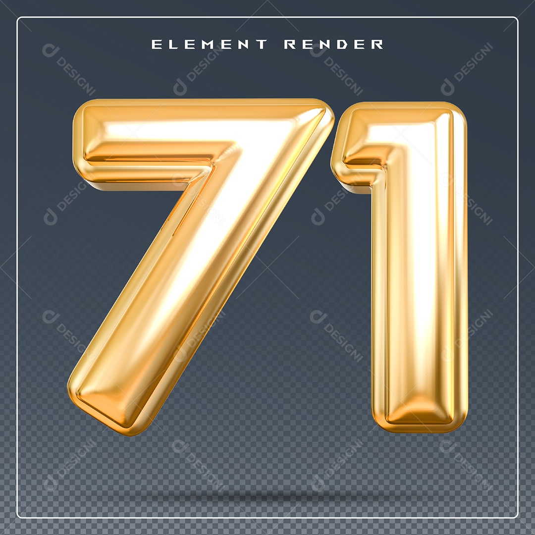 Elemento 3D Número 71 Dourado para Composição PSD