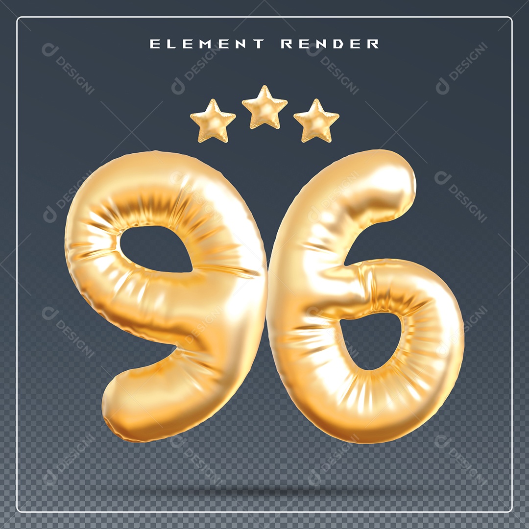 Elemento 3D Número 96 Dourado para Composição PSD