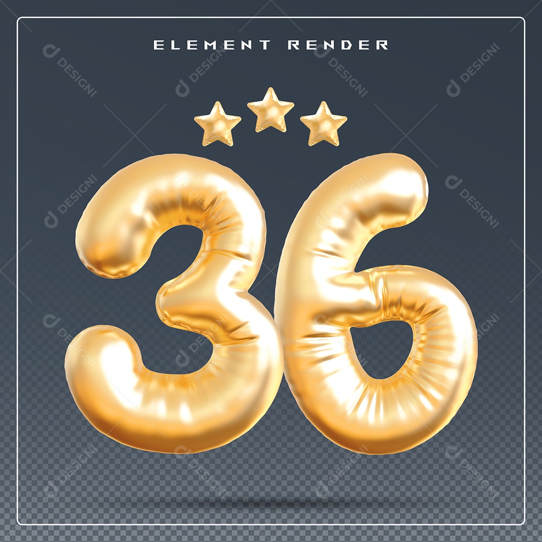 Elemento 3D Número 36 Dourado para Composição PSD