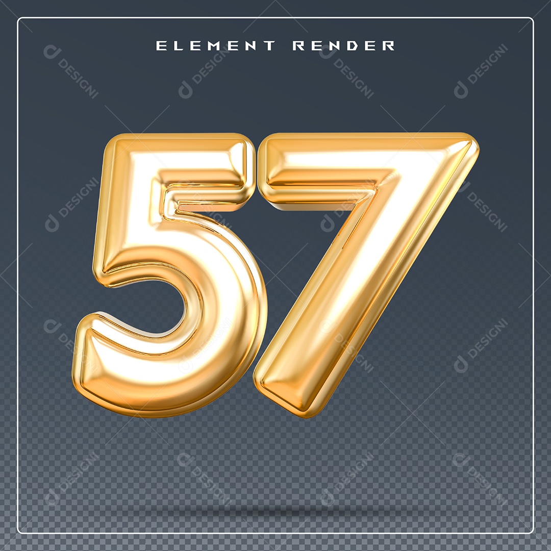 Elemento 3D Número 57 Dourado para Composição PSD