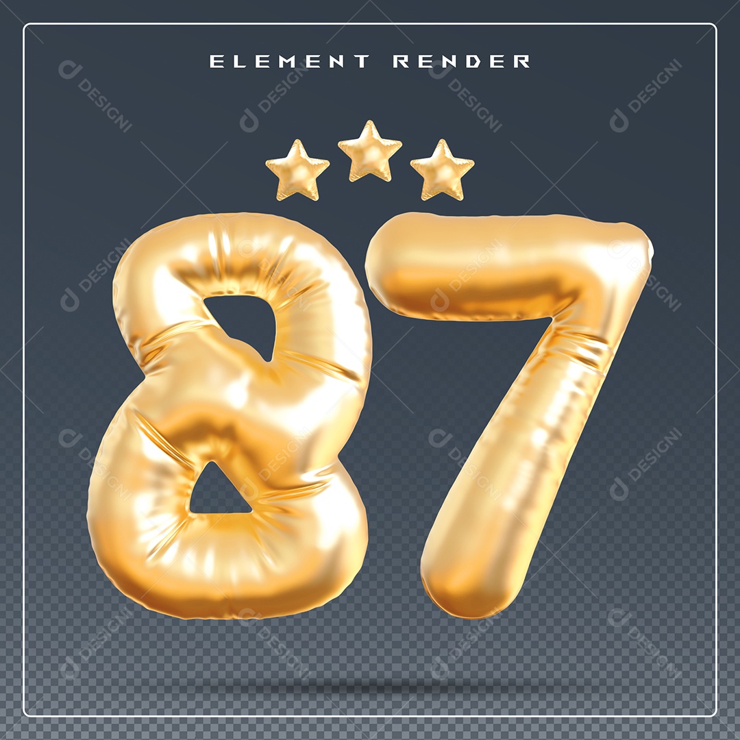 Elemento 3D Número 87 Dourado para Composição PSD