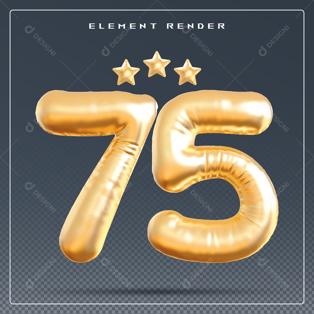 Elemento 3D Número 75 Dourado para Composição PSD