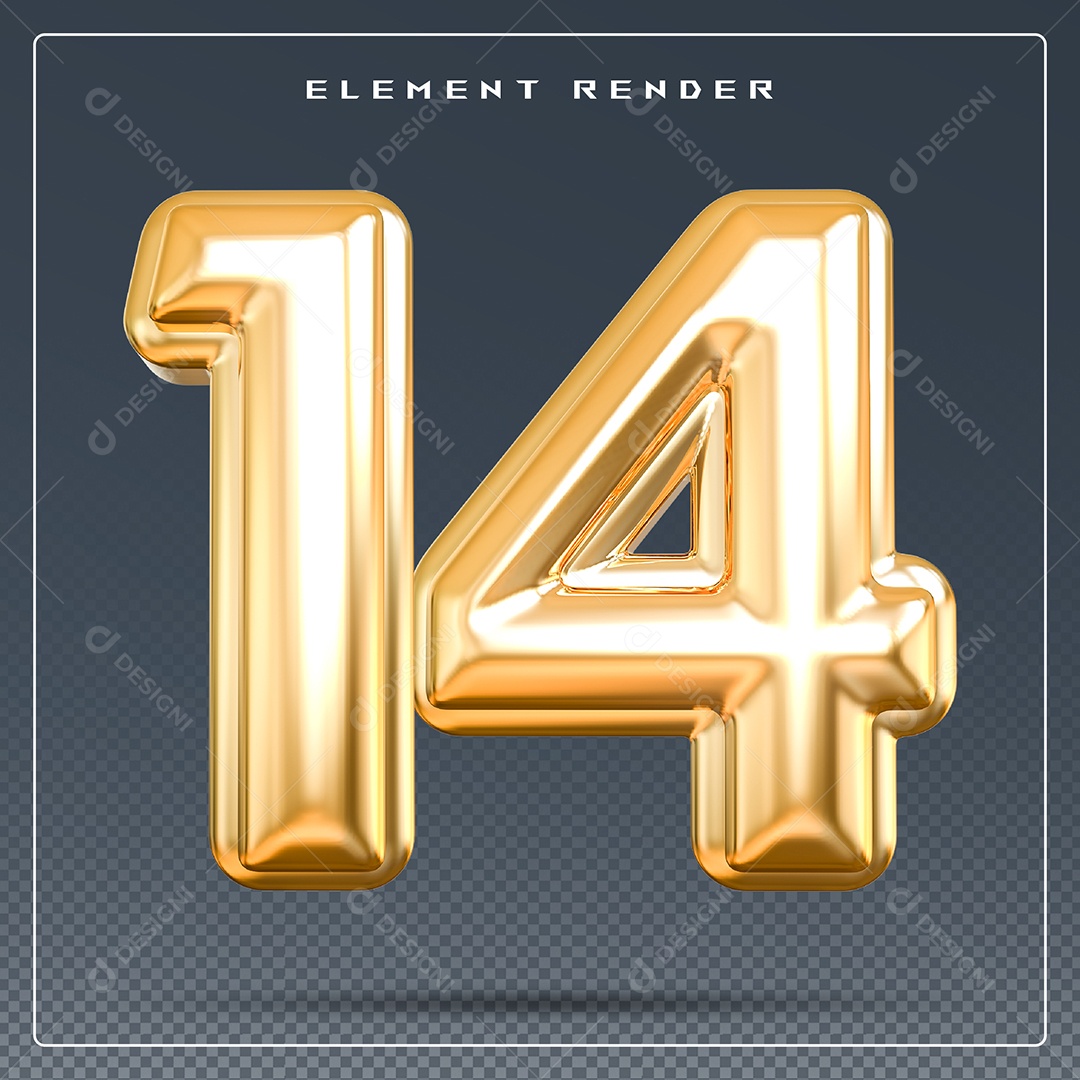 Elemento 3D Número 14 Dourado para Composição PSD