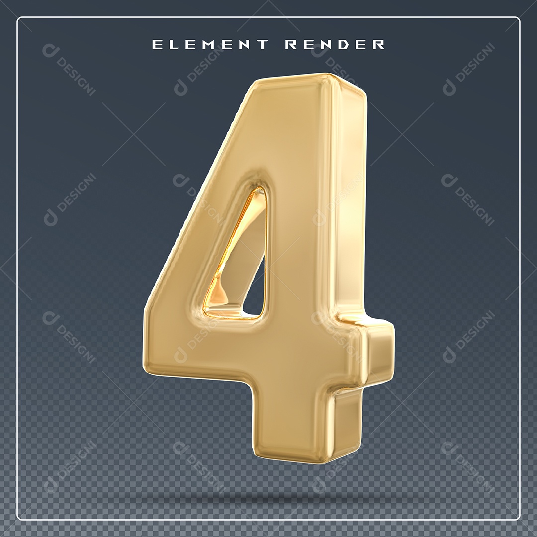 Elemento 3D Número 4 Dourado para Composição PSD