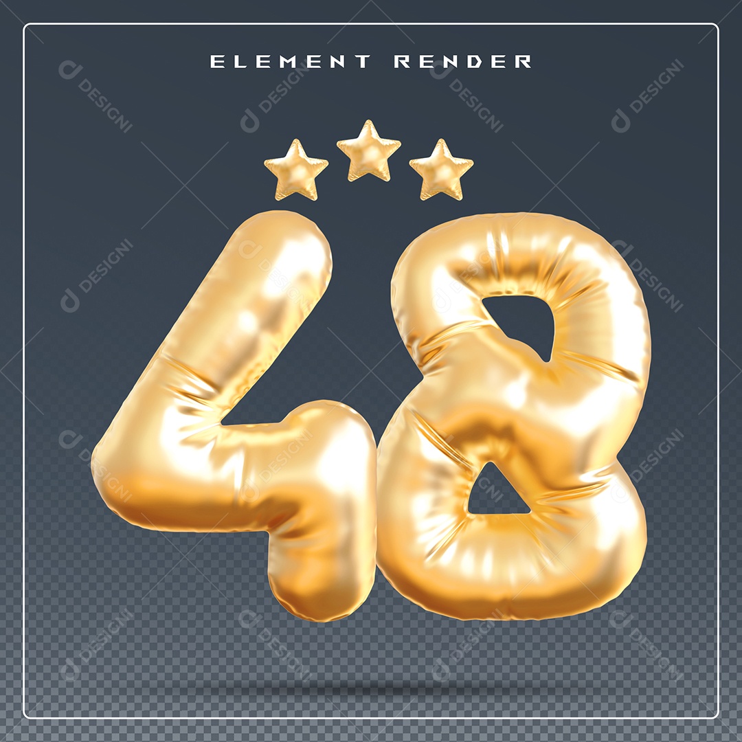 Elemento 3D Número 48 Dourado para Composição PSD
