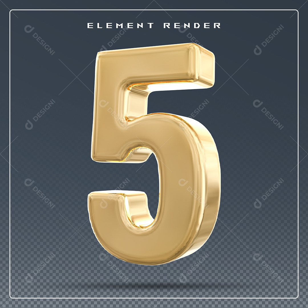Elemento 3D Número 5 Dourado para Composição PSD