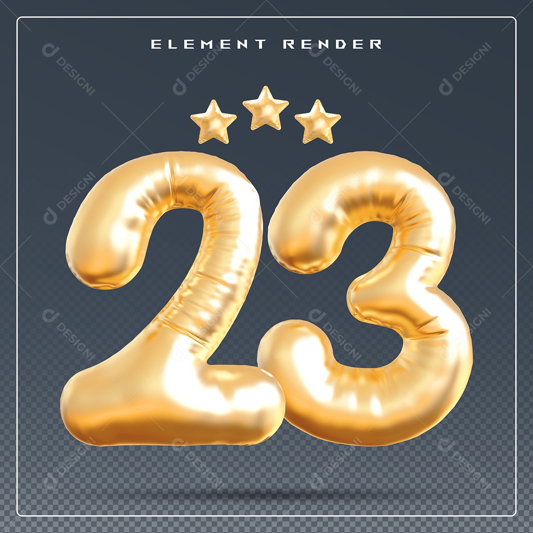 Elemento 3D Número 23 Dourado para Composição PSD