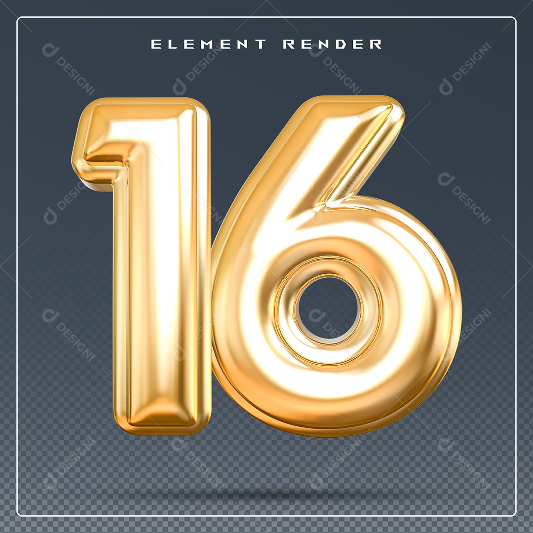 Elemento 3D Número 16 Dourado para Composição PSD