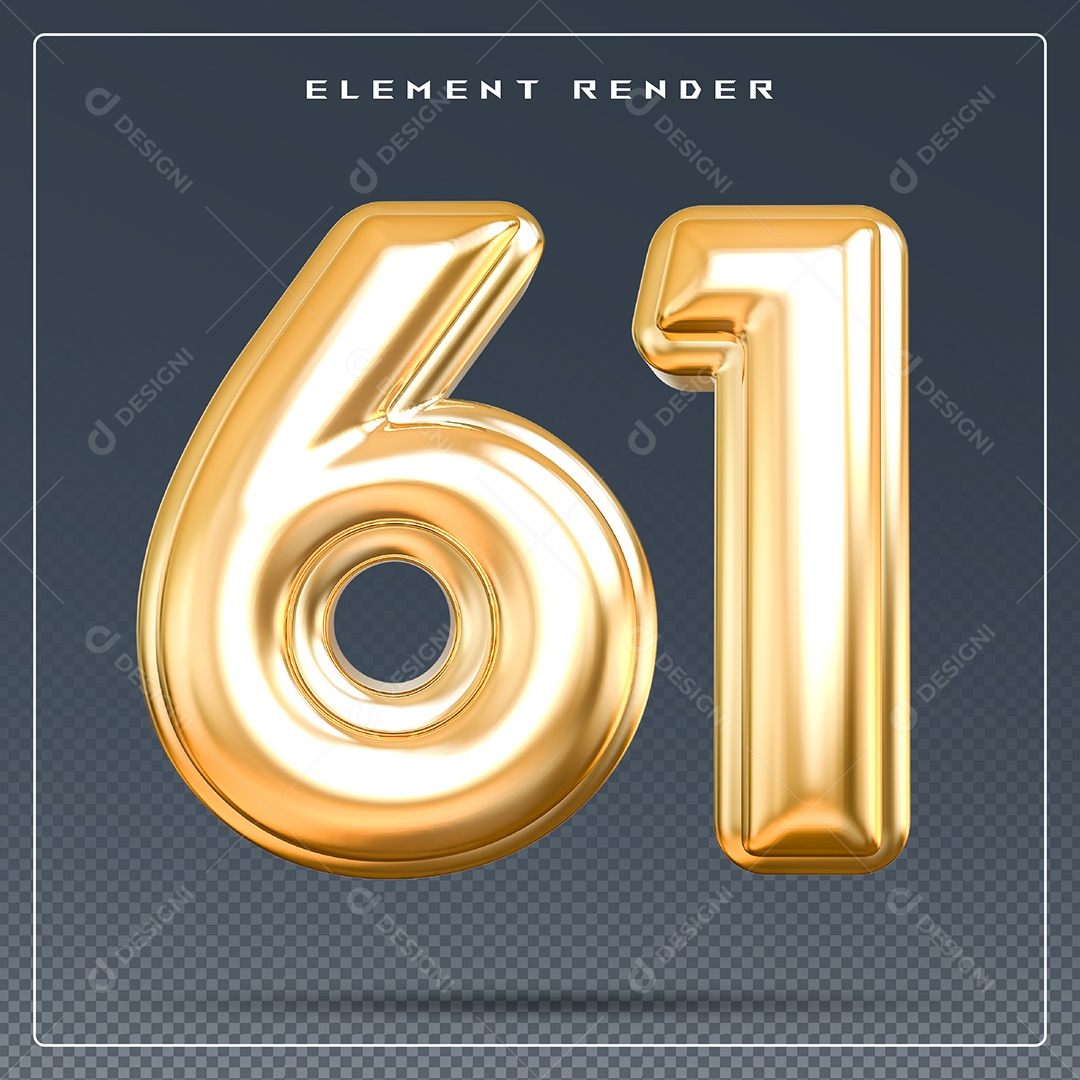 Elemento 3D Número 61 Dourado para Composição PSD