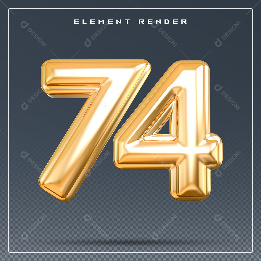 Elemento 3D Número 74 Dourado para Composição PSD