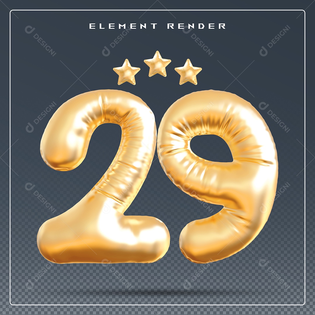 Elemento 3D Número 29 Dourado para Composição PSD