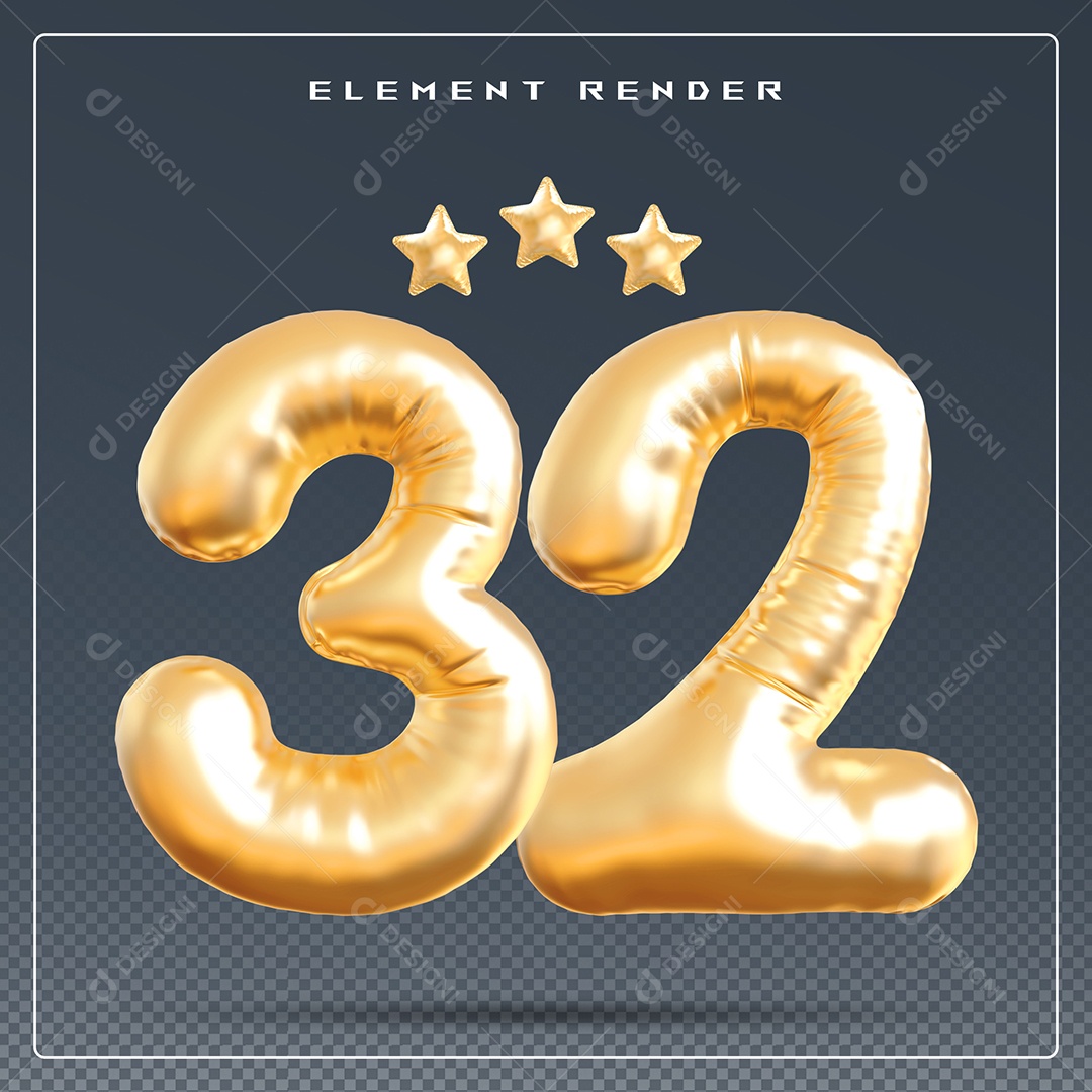 Elemento 3D Número 32 Dourado para Composição PSD