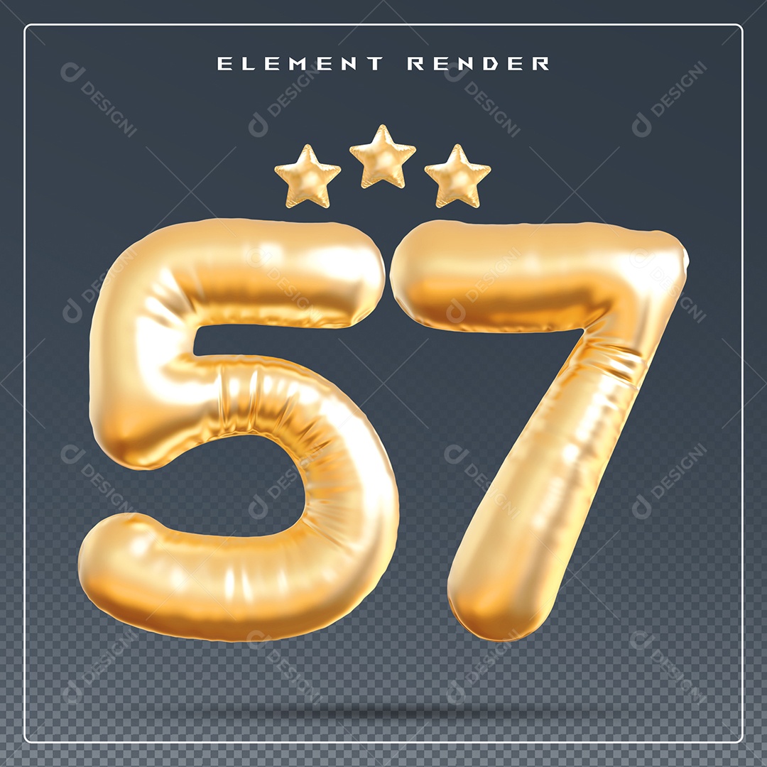 Elemento 3D Número 57 Dourado para Composição PSD