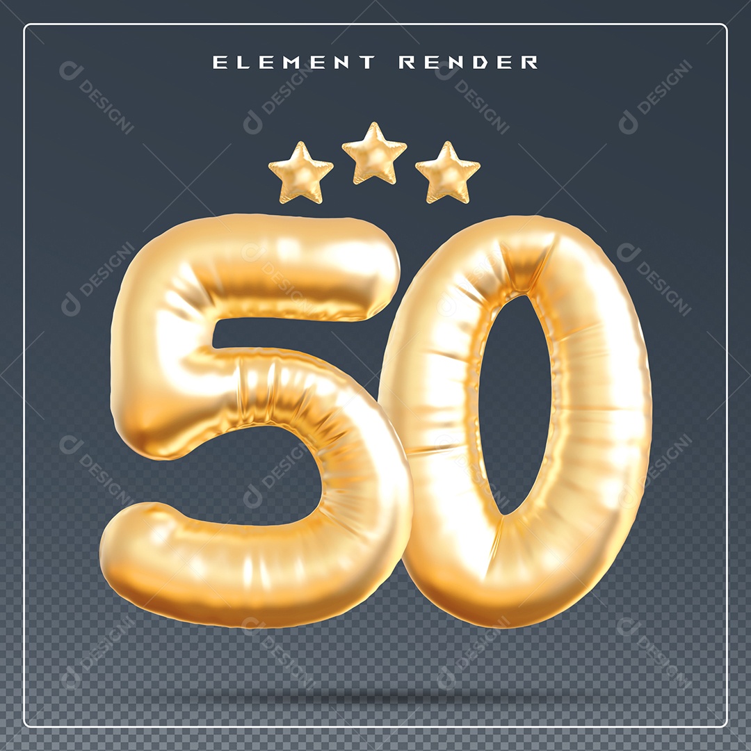 Elemento 3D Número 50 Dourado para Composição PSD