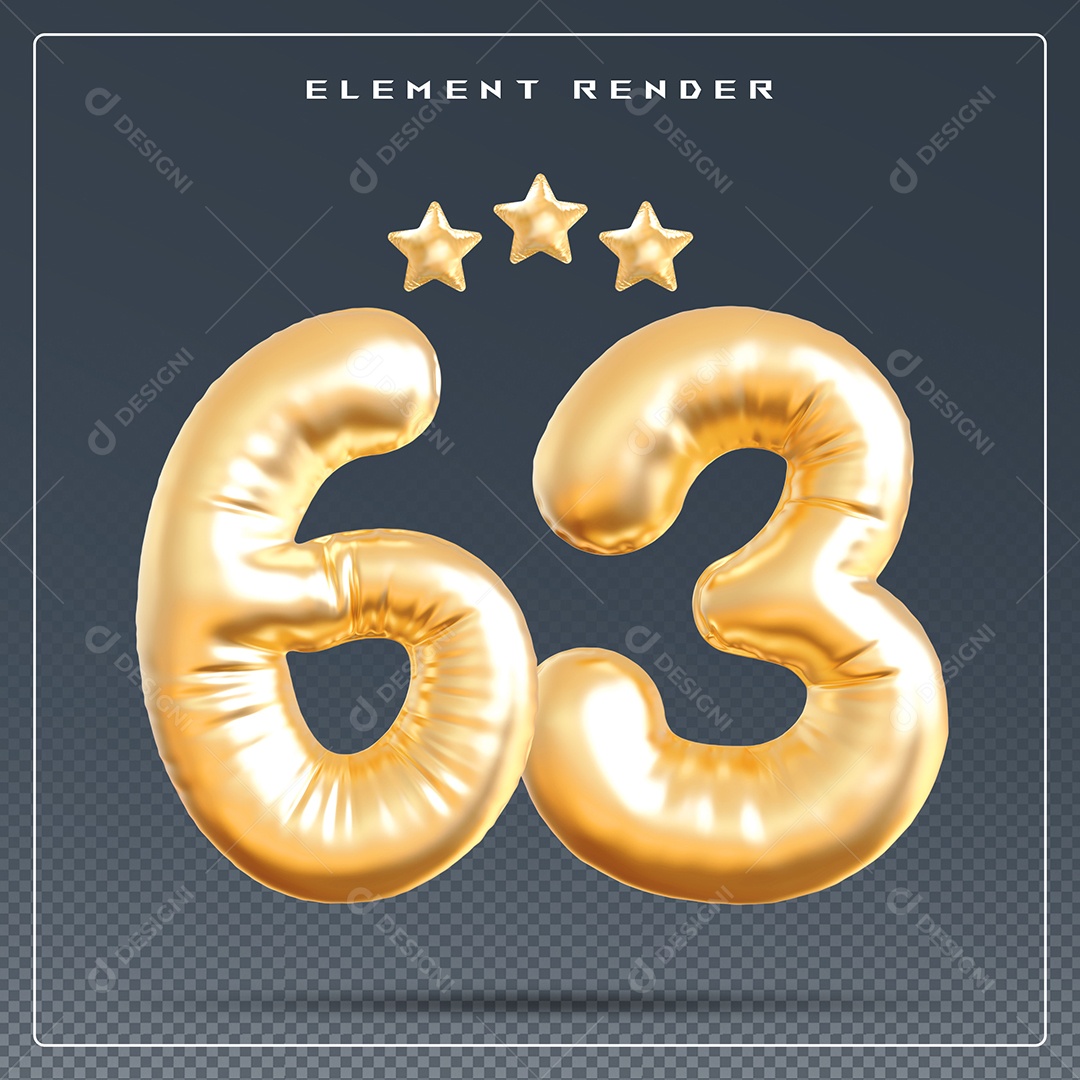 Elemento 3D Número 63 Dourado para Composição PSD