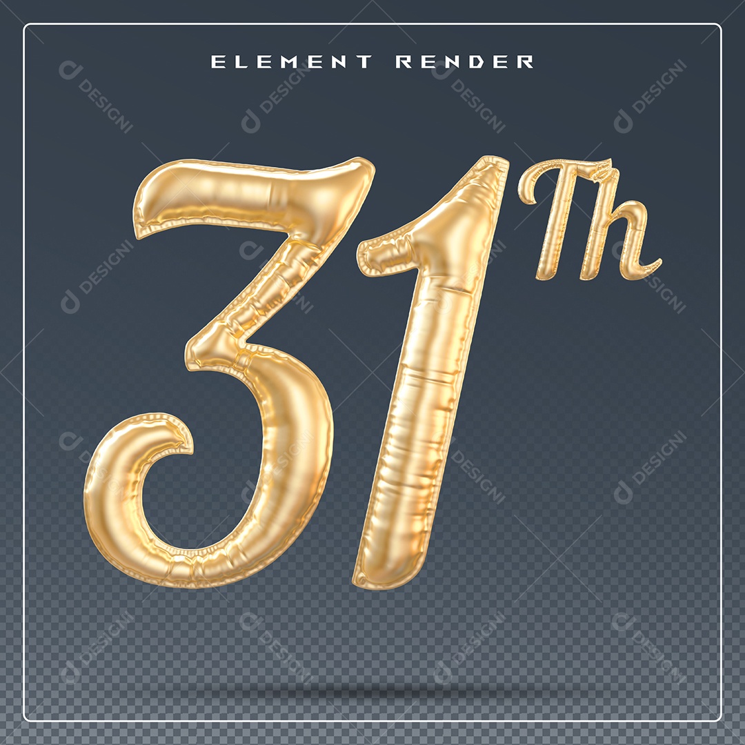 Elemento 3D Número 31 Th Dourado para Composição PSD