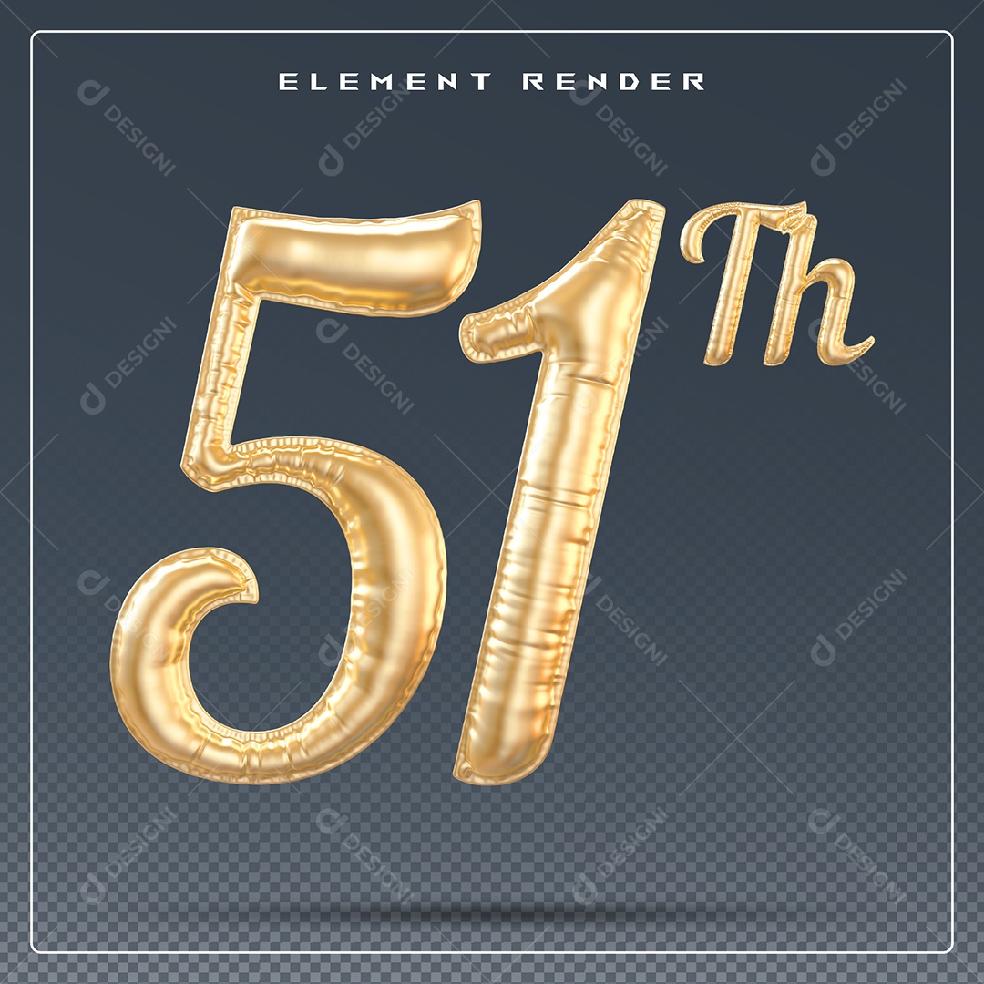 Elemento 3D Número 51 Th Dourado para Composição PSD