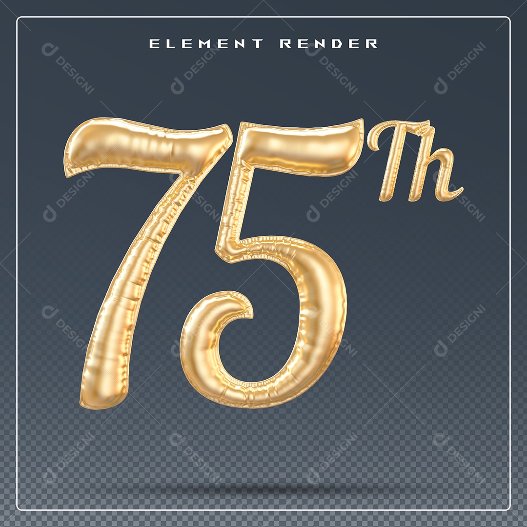 Elemento 3D Número 75 Th Dourado para Composição PSD