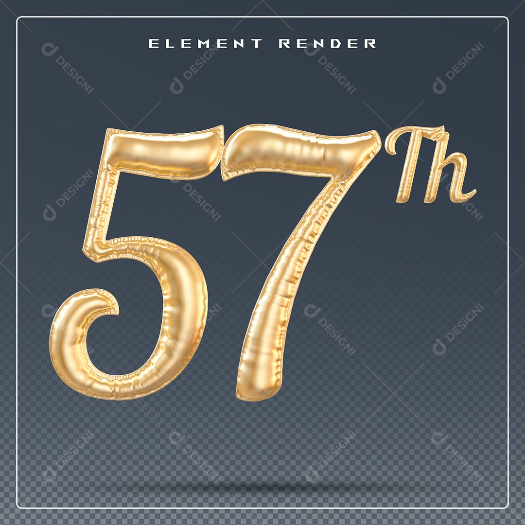 Elemento 3D Número 57 Th Dourado para Composição PSD
