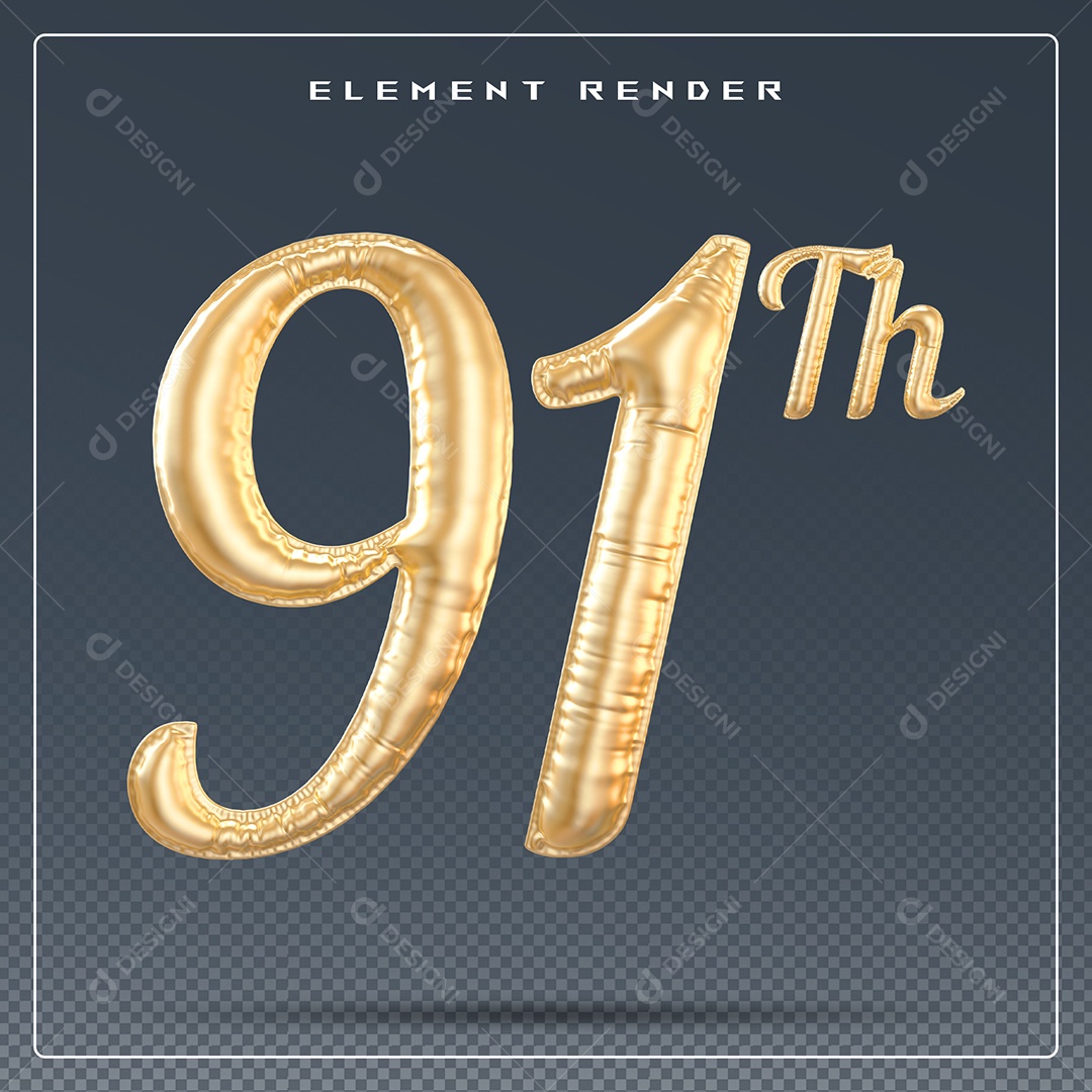 Elemento 3D Número 91 Th Dourado para Composição PSD