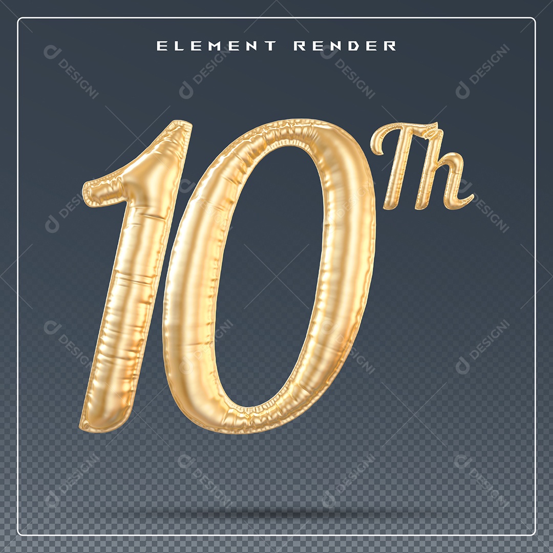 Elemento 3D Número 10 Th Dourado para Composição PSD